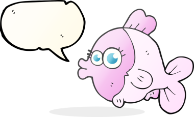 Bir insan tarafından çizilmiş büyük, güzel gözleri olan komik el yazısıyla çizilmiş konuşma balonu balığı.