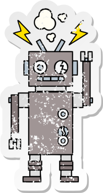 Bir insan tarafından çizilmiş arızalı bir robot çizgi film çıkartması.