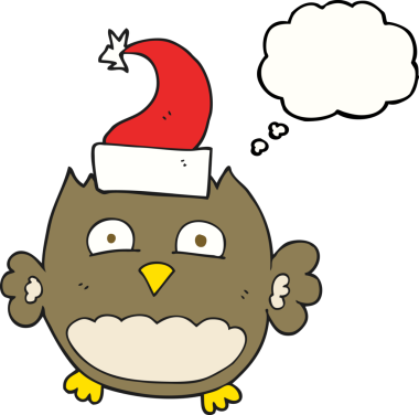 Bir insan tarafından çizilmiş noel şapkası giyen serbest çizim baloncuk baykuş.