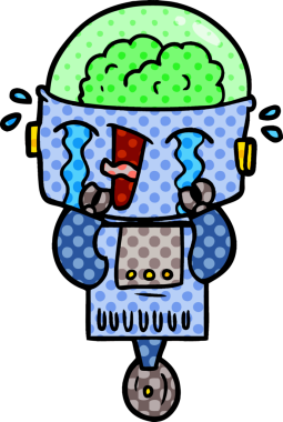 Bir insan tarafından çizilmiş ağlayan robot çizgi film.