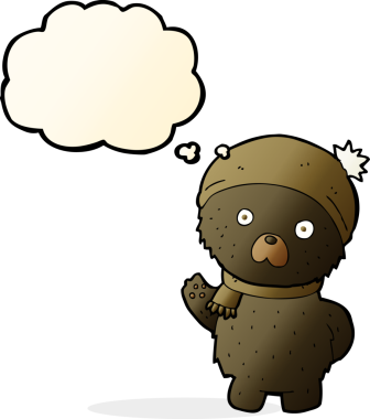 Bir insan tarafından çizilmiş düşünce baloncuğu eşarplı ve şapkalı sevimli siyah ayı.