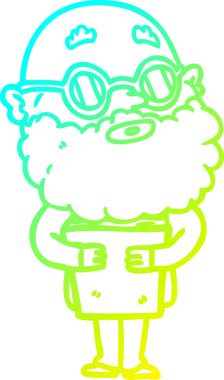 Bir insan tarafından çizilmiş sakallı ve gözlüklü tuhaf bir çizgi film karakteri.