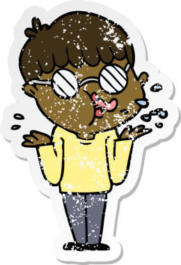 Bir insan tarafından çizilmiş omuz silken gözlüklü bir çizgi film karakterinin sıkıntılı çıkartması.