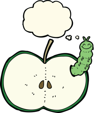 Bir insan tarafından çizilmiş düşünce balonlu elma yiyen çizgi film böceği.
