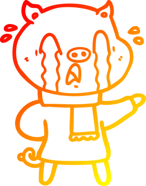 Bir insan tarafından çizilmiş insan kıyafetleri içinde ağlayan bir domuz çizgi filmi.