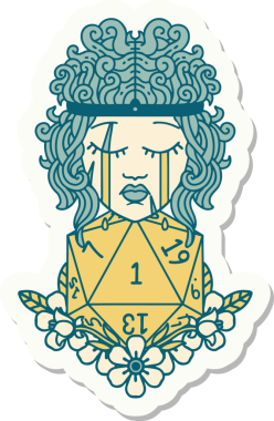 Bir insan tarafından çizilmiş doğal bir d20 rulo ile ağlayan bir insan barbarının çıkartması.