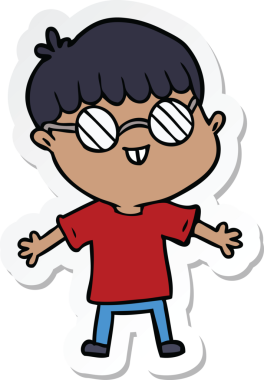 Bir insan tarafından çizilmiş gözlüklü bir çizgi film çocuğunun çıkartması.