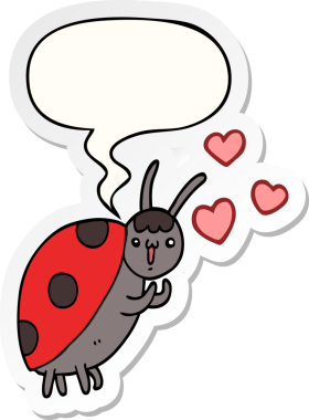 Bir insan tarafından çizilmiş balon çıkartmasına aşık tatlı bir uğur böceği.