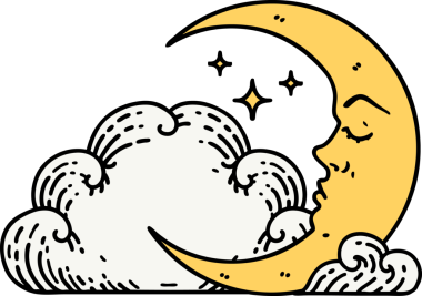 Hilal şeklinde geleneksel bir dövme ve insan tarafından çizilmiş bulutlar.