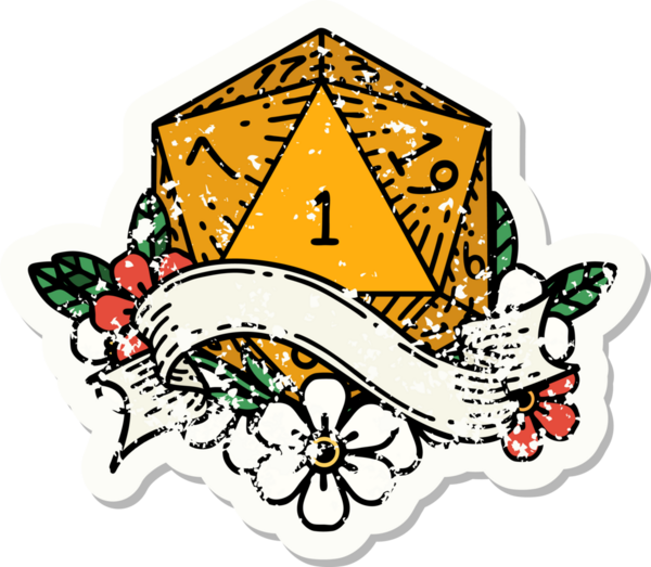 Bir insan tarafından çizilmiş doğal bir d20 zarının grunge çıkartması.