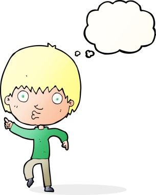 Bir insan tarafından çizilmiş düşünce baloncuğuyla işaret eden çocuk etkilenmiş.