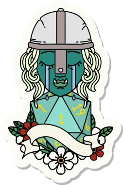 Ağlayan bir Ork savaşçı karakterinin çıkartması. Doğal bir d20 rulo ile bir insan tarafından çizilmiş.