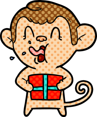 Bir insan tarafından çizilmiş Noel hediyesi olan çılgın çizgi film maymunu.