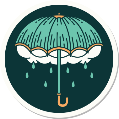 Bir insan tarafından çizilmiş geleneksel bir şemsiye ve fırtına bulutu stili dövme çıkartması.