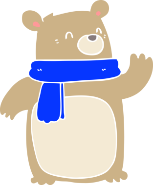 Düz renkli çizgi film ayısı bir insan tarafından çizilmiş eşarp giyiyor.