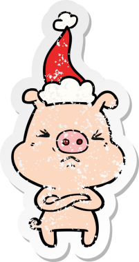 Bir insan tarafından çizilmiş Noel Baba şapkası giymiş kızgın bir domuzun el çizimi çıkartması.
