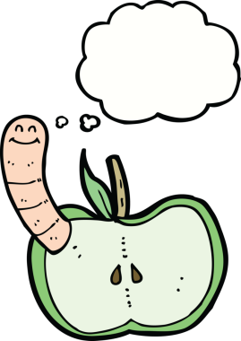 Bir insan tarafından çizilmiş düşünce baloncuğu solucanlı çizgi film elması