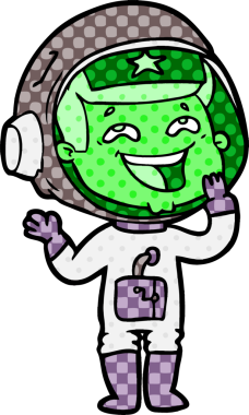 Bir insan tarafından çizilmiş gülen astronot çizgi filmi.