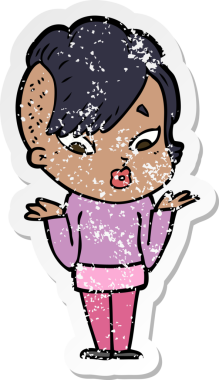 Bir karikatürün sıkıntılı çıkartması. Şaşırmış bir kız bir insan tarafından çizilmiş.