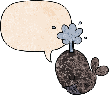 Bir insan tarafından çizilmiş, konuşma baloncuklu çizgi film balinası.