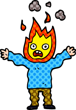 Bir insan tarafından çizilmiş kafası yanan karikatür adam.