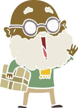 Düz renkli çizgi film. Sakallı ve kolunun altında bir insan tarafından çizilmiş neşeli bir adam.