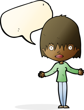 Bir insan tarafından çizilmiş konuşma baloncuğuyla omuz silken çizgi film kadını.