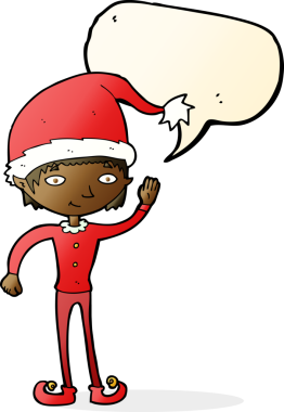 Bir insan tarafından çizilmiş bir konuşma balonuyla Noel elfini sallayan bir çizgi film.