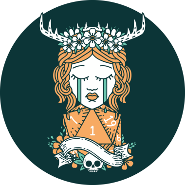 Ağlayan insan Druid ikonu. Bir insan tarafından çizilmiş doğal bir D20 rulosu.