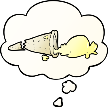 Karikatür, insan tarafından çizilmiş yumuşak eğimli düşünce baloncuklu dondurma düşürdü.