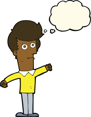 Bir insan tarafından çizilmiş düşünce baloncuğuyla yumruk atan çizgi film adamı.