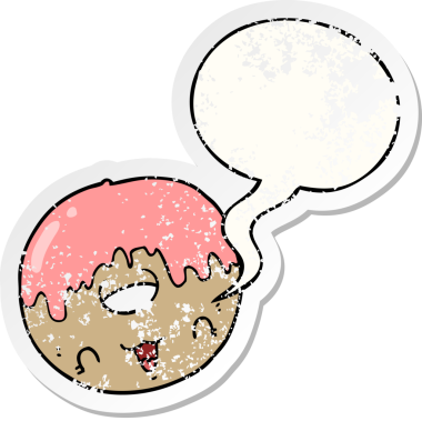 Konuşma baloncuklu tatlı çizgi film donutu bir insan tarafından çizilmiş sıkıntılı eski bir çıkartma