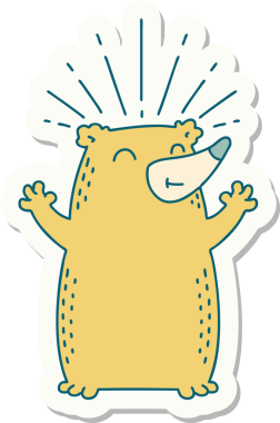 Bir insan tarafından çizilmiş dövme stili mutlu ayı çıkartması.