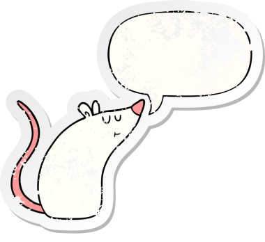 Konuşma baloncuğu olan beyaz çizgi film faresi bir insan tarafından çizilmiş sıkıntılı eski bir çıkartma