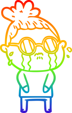 Gökkuşağı gradyan çizgi çizimi. Bir insan tarafından çizilmiş gözlük takan ağlayan bir kadın.