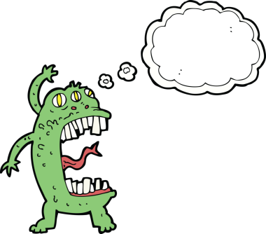 Bir insan tarafından çizilmiş düşünce baloncuğu olan çılgın bir canavar.