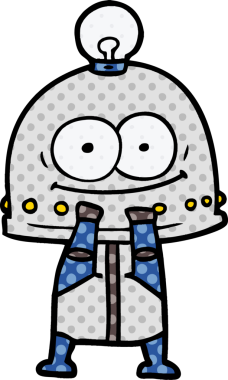 Bir insan tarafından çizilmiş ampullü mutlu karton robot.