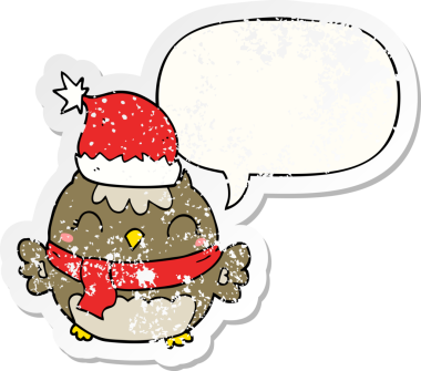 Tatlı noel baykuşu, konuşma baloncuğu, bir insan tarafından çizilmiş sıkıntılı eski bir çıkartma.