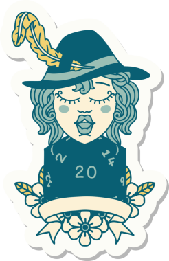 Bir insan ozan karakterinin çıkartması. Bir insan tarafından çizilmiş doğal 20 zar.