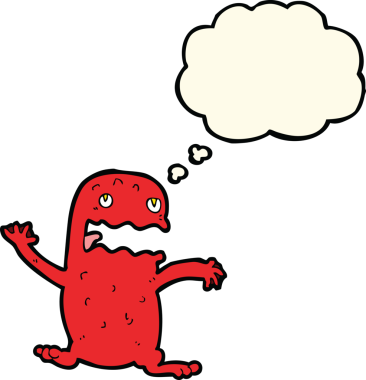 Bir insan tarafından çizilmiş düşünce baloncuklu komik kurbağa.