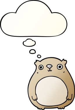 Bir insan tarafından çizilmiş yumuşak eğimli düşünce baloncuklu çizgi film ayısı.