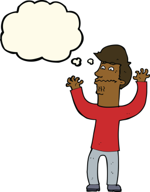 Bir insan tarafından çizilmiş düşünce baloncuğu olan sinirli bir adam.