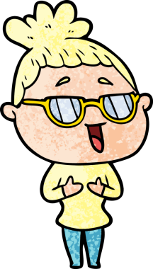 Bir insan tarafından çizilmiş gözlüklü mutlu kadın çizgi filmi.