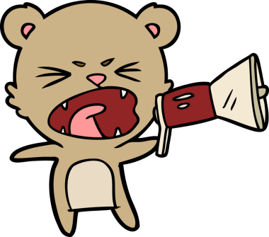 Kızgın çizgi film ayısı bir insan tarafından çizilmiş megafona bağırıyor.