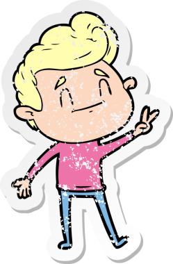 Bir insan tarafından çizilmiş barış işareti veren mutlu bir çizgi film karakterinin sıkıntılı çıkartması.