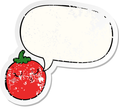 Konuşma baloncuklu çizgi film domatesi bir insan tarafından çizilmiş sıkıntılı eski bir çıkartma