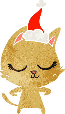 Sakin bir el çizimi. Bir insan tarafından çizilmiş Noel Baba şapkası takan bir kedinin eski çizgi filmi.