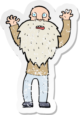 Çizgi filmin gerilemiş çıkartması sakallı, korkmuş yaşlı bir adam bir insan tarafından çizilmiş.