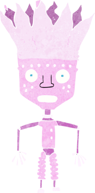 Bir insan tarafından çizilmiş taç giyen komik çizgi film robotu.