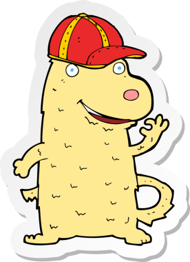 Bir insan tarafından çizilmiş şapkalı bir köpeğin çıkartması.